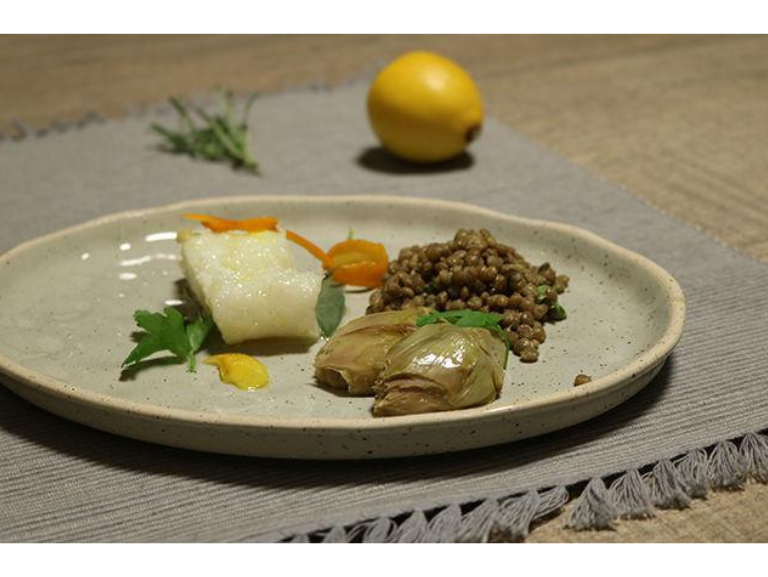 Heart of cod confit with mustard lentils and artichokes